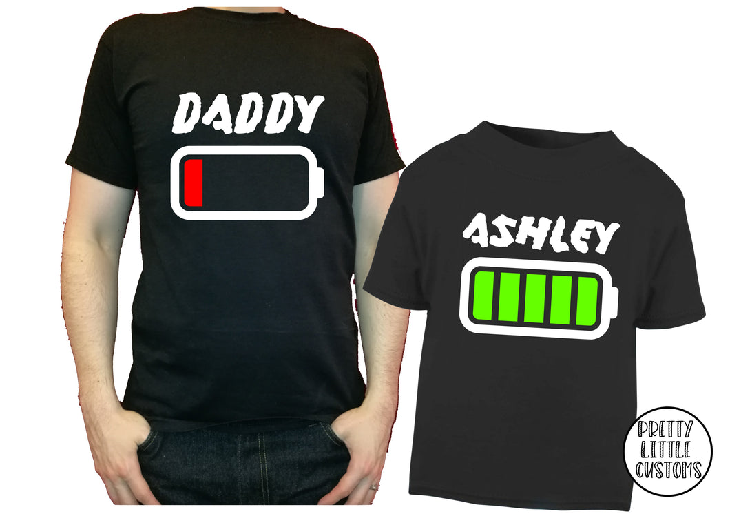 Personalised low / full battery t-shirt set - Father & son/daughter - style 2