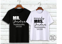 Personalised, Mr & nearly Mrs, Your Surname #stayathomewedding your original wedding date commemorative couple tee set