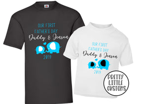Personalised Our First Father's Day Elephant print t-shirt set - Father & son/daughter - blue