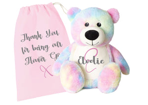 Personalised  flowergirl flower girl  thank you gift - rainbow tie dye teddy bear & bag GIFT SET - initial print