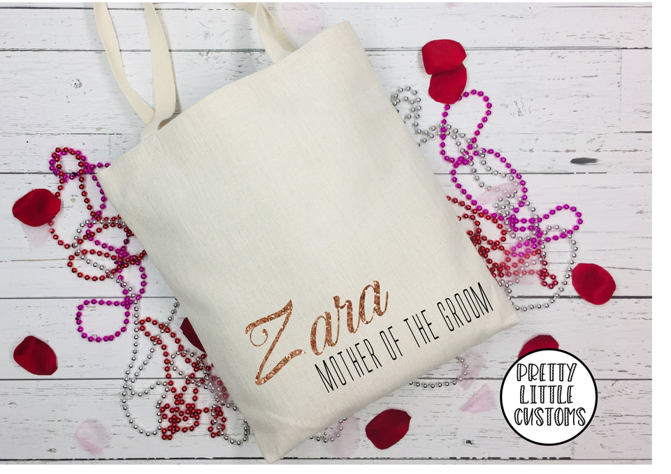 Personalised bridal party name & role glitter print tote bag