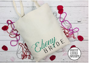 Personalised bridal party name & role glitter print tote bag
