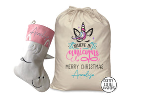 Personalised Christmas Santa Sack - Believe in Unicorns design