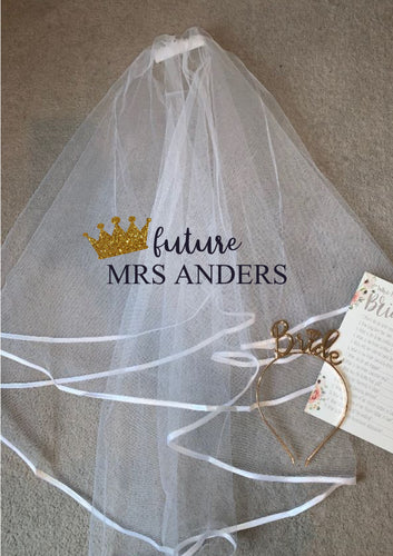 Personalised GLITTER crown print Future Mrs (Your Name) hen party veil