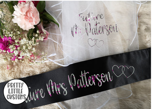 Personalised Future Mrs (Your Name) hen party veil & sash set - BLACK