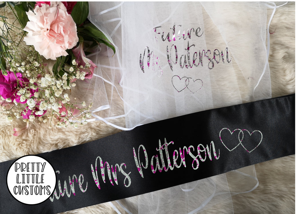 Personalised Future Mrs (Your Name) hen party veil & sash set - BLACK