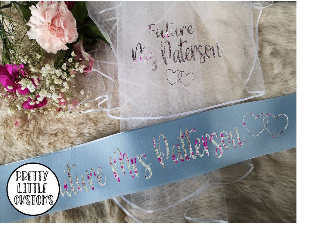 Personalised Future Mrs (Your Name) hen party veil & sash set - SKY BLUE