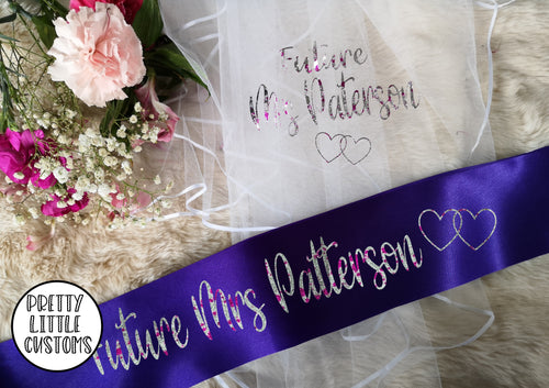 Personalised Future Mrs (Your Name) hen party veil & sash set - PURPLE