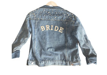 Load image into Gallery viewer, Personalised wedding bridal denim jacket with pearl detail and bride patches