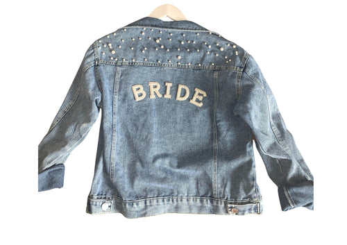 Personalised wedding bridal denim jacket with pearl detail and bride patches