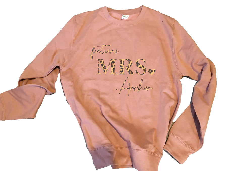 Personalised future Mrs (your name) sweater - dusky pink / leopard print