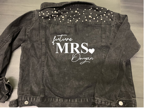 Personalised future Mrs (your name) print wedding bridal denim jacket black with pearl detail and heart design