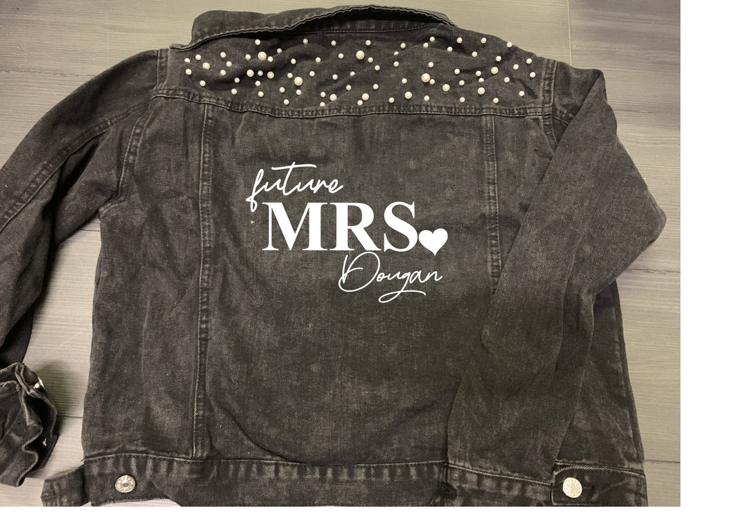Personalised future Mrs (your name) print wedding bridal denim jacket black with pearl detail and heart design