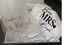 Load image into Gallery viewer, Personalised future Mrs (Your Name) t-shirt and glitter print veil gift box