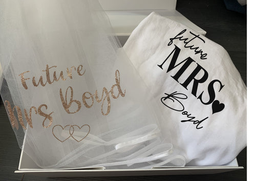 Personalised future Mrs (Your Name) t-shirt and glitter print veil gift box