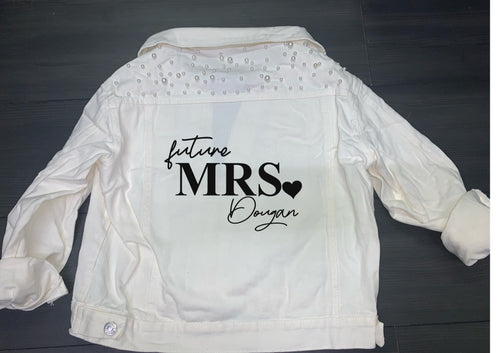 Personalised future Mrs (your name) print wedding bridal denim jacket white with pearl detail and heart design