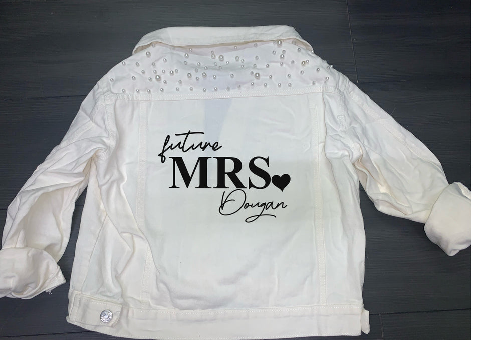 Personalised future Mrs (your name) print wedding bridal denim jacket white with pearl detail and heart design
