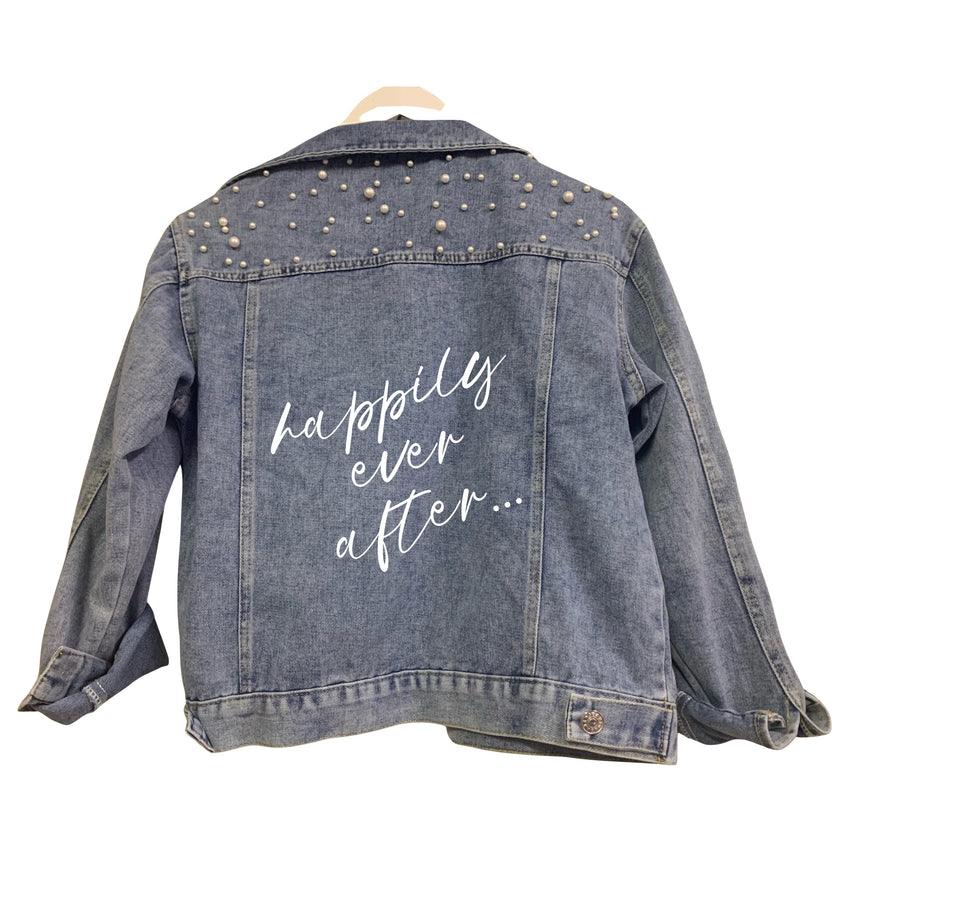 Happily ever after print wedding bridal denim jacket with pearl detail