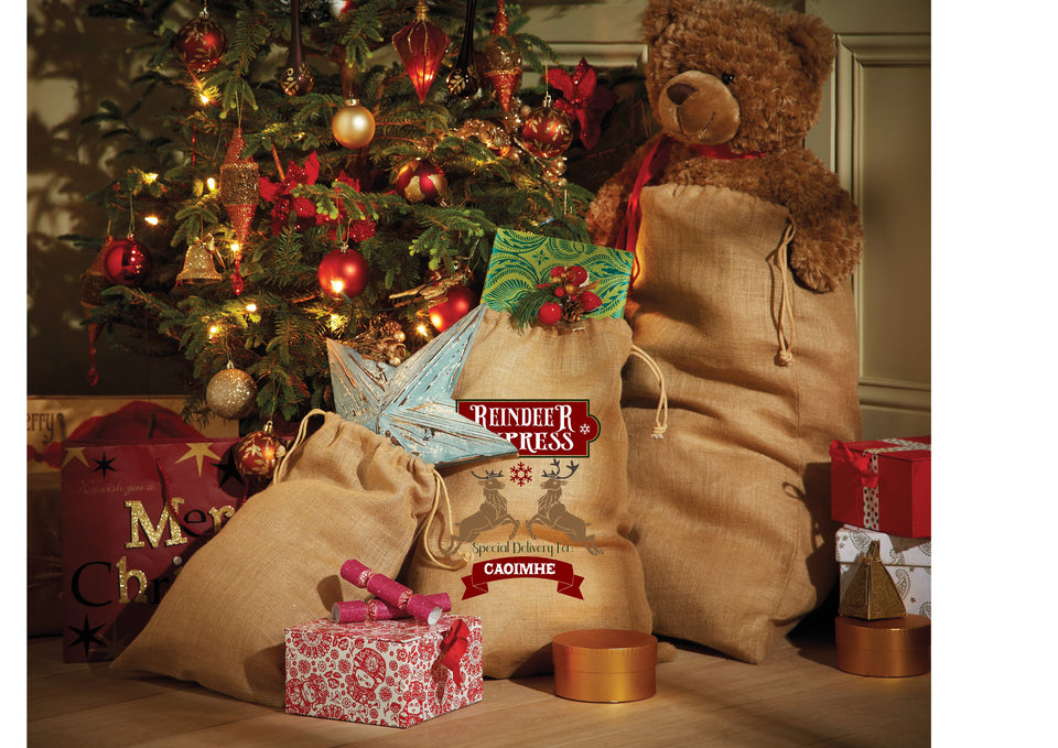 Personalised Christmas Jute Santa Sack -  Reindeer Express design