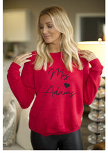 Load image into Gallery viewer, Personalised Mrs (your name)  print sweater - red - heart design