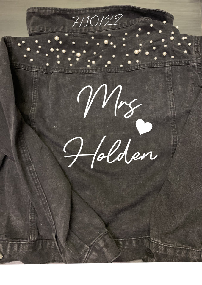 Personalised Mrs (your name) print wedding bridal denim jacket black with pearl detail and heart design with dated collar