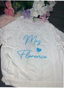 Personalised Mrs (your name) print wedding bridal denim jacket white with pearl detail and heart design