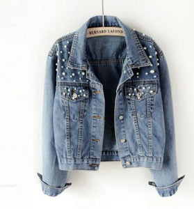 Personalised wedding bridal denim jacket with pearl detail and bride patches