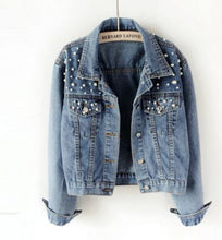 Load image into Gallery viewer, Personalised Mrs (your name) heart print wedding bridal denim jacket with pearl detail
