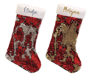 Personalised glitter Christmas Stocking - reversible sequins - silver or gold