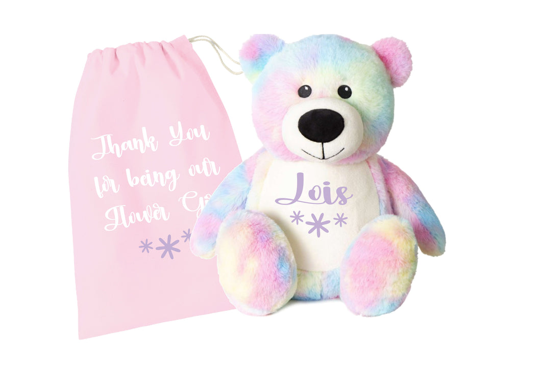 Personalised  flowergirl flower girl  thank you gift - rainbow tie dye teddy bear & bag GIFT SET - daisy print